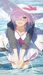 Rule 34 | 1girl, black-framed eyewear, blush, breasts, cleavage, cupping hands, eyes visible through hair, fate/grand order, fate (series), glasses, hat, hayashi kewi, hood, hoodie, leaning forward, light rays, looking at viewer, mash kyrielight, mash kyrielight (swimsuit of perpetual summer), medium breasts, ocean, official alternate costume, one-piece swimsuit, one eye closed, open clothes, open hoodie, open mouth, own hands together, purple eyes, purple hair, short hair, smile, solo, sparkle, standing, sun hat, sunbeam, sunlight, swimsuit, tsurime, wading, water, white one-piece swimsuit