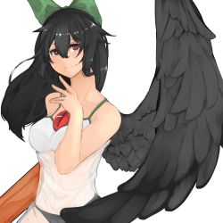 Rule 34 | 1girl, alternate costume, arm cannon, bare arms, bare shoulders, bird wings, black hair, black panties, black wings, blush, bow, bright pupils, casual, closed mouth, collarbone, contemporary, dress, green bow, hair between eyes, hair bow, hand up, highres, long hair, looking at viewer, panties, red eyes, reiuji utsuho, see-through, simple background, sleeveless, sleeveless dress, slit pupils, smile, solo, spaghetti strap, stomach, takena-c, third eye, touhou, underwear, upper body, weapon, white background, white dress, white pupils, wings