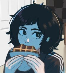 Rule 34 | 1girl, adidas, biting, black eyes, black hair, blue light, commentary, cut bangs, door, eating, food, freckles, highres, holding, holding food, indoors, jerma985, jerma985 eating a whopper (meme), looking to the side, meme, messy hair, original, polo shirt, screen light, solo, tomboy, veyonis, waffle, wide-eyed, yuna (veyonis)