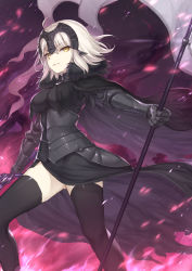 Rule 34 | ahoge, armor, black thighhighs, brown eyes, fate/grand order, fate (series), faulds, highres, holding, holding sword, holding weapon, jeanne d&#039;arc (fate), jeanne d&#039;arc alter (avenger) (fate), jeanne d&#039;arc alter (avenger) (first ascension) (fate), jeanne d&#039;arc alter (fate), polearm, short hair, solo, standing, sword, thighhighs, thighs, warrior, weapon, white hair