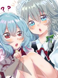 Rule 34 | 2girls, ?, ??, black vest, blue eyes, blue hair, blue nails, blush, bow, bowtie, braid, brooch, carrying, commentary request, dress, esatongi, eyes visible through hair, feet out of frame, green bow, hair between eyes, hair bow, hand up, izayoi sakuya, jewelry, knees up, looking at viewer, looking up, maid, maid headdress, multiple girls, nail polish, neck ribbon, no headwear, open mouth, pink dress, princess carry, puffy short sleeves, puffy sleeves, red bow, red eyes, red nails, red ribbon, remilia scarlet, ribbon, shirt, short hair, short sleeves, silver hair, simple background, touhou, upper body, vest, white background, white shirt