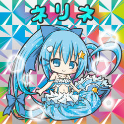Rule 34 | 1girl, bare arms, bare shoulders, bikini, bikini top only, bikkuriman (style), blue bikini, blue bow, blue eyes, blue hair, blush, bow, character name, chibi, closed mouth, commentary request, flower knight girl, full body, hair bow, hair ornament, hairclip, high ponytail, hologram, long hair, looking at viewer, mermaid, monster girl, navel, nerine (flower knight girl), ponytail, ri-net, shell hair ornament, sidelocks, smile, solo, star (symbol), star hair ornament, swimsuit, translation request, very long hair