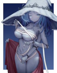 Rule 34 | 1girl, absurdres, alternate breast size, bandages, blue background, blue eyes, blue hair, blue skin, breasts, collarbone, colored skin, commentary request, elden ring, extra arms, extra faces, hat, highres, large breasts, looking at viewer, medium hair, navel, ojoniiart, one eye closed, ranni the witch, solo, thighs, two-tone background, wet, white background, white hat, witch hat