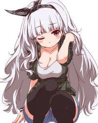 Rule 34 | 1girl, black thighhighs, blush, breasts, cleavage, ekusiregaia, hairband, idolmaster, idolmaster (classic), large breasts, long hair, looking at viewer, one eye closed, red eyes, shijou takane, simple background, sitting, solo, squatting, thighhighs, white background, white hair