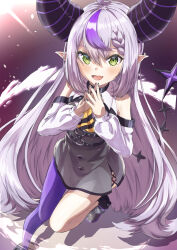 Rule 34 | 1girl, ahoge, ankle cuffs, ascot, bare shoulders, black horns, black nails, braid, braided bangs, detached sleeves, fang, grey hair, highres, hololive, horns, la+ darknesss, la+ darknesss (1st costume), long hair, multicolored hair, pointy ears, purple hair, purple thighhighs, qussie, single thighhigh, skin fang, sleeves past fingers, sleeves past wrists, streaked hair, striped horns, thighhighs, virtual youtuber, yellow ascot, yellow eyes