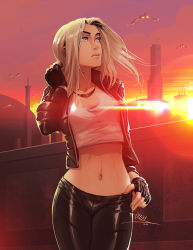 Rule 34 | 1girl, blonde hair, bloom, blue eyes, breasts, crop top, eve online, eyebrows, fingerless gloves, gloves, jacket, jewelry, leather, leather jacket, leather pants, lens flare, lips, long hair, midriff, navel, necklace, nose, open clothes, open jacket, pants, small breasts, solo, spacecraft, starfighter, sunset, vashperado