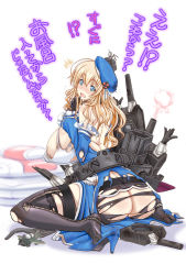 Rule 34 | 10s, 1girl, ass, atago (kancolle), blonde hair, blush, breasts, hat, huge ass, huge breasts, kantai collection, large breasts, long hair, oobayashi mori, pantyhose, shoes, unworn shoes, solo, torn clothes, torn pantyhose, translation request