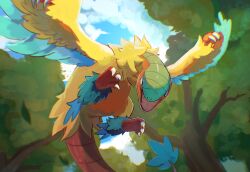 Rule 34 | archeops, bird, blurry, blurry background, chufflepop, cloud, creatures (company), fangs, feathered wings, feathers, flying, from below, game freak, gen 5 pokemon, highres, looking at viewer, midair, nintendo, outdoors, pokemon, pokemon (creature), talons, tree, wings, yellow feathers