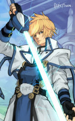 Rule 34 | 1boy, belt, blonde hair, blue eyes, english text, fingerless gloves, gloves, grey background, guilty gear, guilty gear x, guilty gear xx, hair between eyes, highres, holding, holding sword, holding weapon, ky kiske, lightning, long sword, looking at viewer, male focus, ponytail, shadow, shoes, simple background, solo, sword, thunderseal, tsuna (akmu8832), weapon