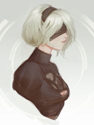 Rule 34 | 1girl, bad id, bad tumblr id, black dress, black hairband, black shirt, blindfold, breasts, cleavage cutout, closed mouth, clothing cutout, commentary, cropped torso, dress, from side, grey background, hairband, highres, medium breasts, nier:automata, nier (series), nose, portrait, profile, puffy short sleeves, puffy sleeves, raikoart, shirt, short hair, short sleeves, signature, silver hair, solo, turtleneck, 2b (nier:automata)