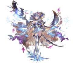 Rule 34 | 1girl, blue hair, boots, breasts, cape, cleavage, closed mouth, dress, full body, granblue fantasy, hair ornament, hand on own hip, holding, ice, lipstick, long sleeves, macula marius, makeup, medium breasts, minaba hideo, official art, pale skin, purple eyes, short dress, short hair, snowflakes, solo, staff, standing, thigh boots, thighhighs, transparent background, wide sleeves, zettai ryouiki