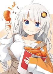 Rule 34 | 1girl, a.i. voice, blue eyes, blush, braid, breasts, brown skirt, chicken (food), closed mouth, collarbone, eating, food, fried chicken, hair ornament, highres, holding, holding food, kfc, kizuna akari, kizuna akari (a.i. voice), large breasts, long hair, long sleeves, motion lines, shirt, silver hair, skirt, smile, solo, suspender skirt, suspenders, twin braids, upper body, vocaloid, voiceroid, white shirt, yume no owari