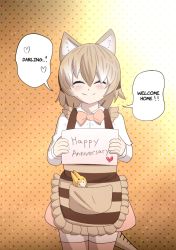 Rule 34 | 1girl, animal ears, apron, arkeden razeare, bad id, bad pixiv id, bow, bowtie, brown eyes, character doll, english text, hair between eyes, holding, holding sign, kemono friends, light brown hair, long sleeves, looking at viewer, multicolored hair, serval (kemono friends), shirt, short hair, sign, skirt, smile, solo, speech bubble, standing, thighhighs, thylacine (kemono friends), thylacine ears, thylacine tail, white hair