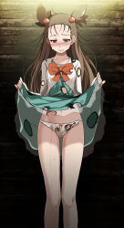 Rule 34 | 1girl, aqua dress, bow, bowtie, brown eyes, brown hair, clenched teeth, closed mouth, clothes lift, collarbone, creatures (company), crying, crying with eyes open, dress, dress lift, game freak, hair ornament, highres, jasmine (pokemon), lifted by self, long hair, looking down, navel, nintendo, orange bow, orange bowtie, panties, peeing, peeing self, pokemon, pokemon hgss, public indecency, purposeful wetting, ribbon panties, see-through, short dress, solo, standing, sweat, tears, teeth, thigh gap, torn clothes, torn dress, torn panties, tsukishiro saika, two side up, underwear, white panties
