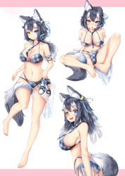 Rule 34 | 1girl, absurdres, alternate hairstyle, animal ears, barefoot, bikini, black hair, blue eyes, blush, breasts, cleavage, closed mouth, commentary request, cowboy shot, drooling, ear down, fang, unworn footwear, full body, furrowed brow, grey wolf (kemono friends), hair between eyes, heterochromia, highres, holding, holding clothes, holding footwear, kemono friends, knees apart feet together, large breasts, letterboxed, long hair, looking at viewer, multicolored hair, multiple views, navel, necktie, open mouth, orange eyes, plaid, plaid bikini, plaid neckwear, plaid swimsuit, shoes, unworn shoes, sideboob, simple background, sitting, spread legs, stomach, swimsuit, tail, toenails, toes, two-tone hair, white background, white hair, wolf ears, wolf girl, wolf tail, yeo arin