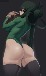 Rule 34 | 1girl, absurdres, ass, asui tsuyu, black background, black thighhighs, boku no hero academia, boyu, breasts, closed mouth, cowboy shot, from behind, gloves, green hair, highres, huge ass, large breasts, leotard, long hair, long sleeves, looking back, simple background, solo, thighhighs