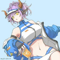 Rule 34 | 1girl, animal ears, arknights, bare shoulders, bikini, black gloves, blue background, blue jacket, bonjirix, commentary request, fingerless gloves, gloves, highres, horns, jacket, long sleeves, looking at viewer, navel, off shoulder, official alternate costume, open clothes, open jacket, parted lips, purple hair, short hair, sideroca (arknights), sideroca (light breeze) (arknights), simple background, solo, stomach, swimsuit, upper body, white bikini, yellow eyes