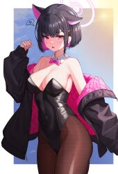 Rule 34 | 1girl, absurdres, anger vein, animal ears, bare shoulders, black hair, black jacket, black leotard, blue archive, bow, bowtie, breasts, cleavage, colored inner hair, cowboy shot, dasi (kwts3227), detached collar, halo, highleg, highleg leotard, highres, jacket, kazusa (blue archive), large breasts, leotard, looking at viewer, medium breasts, multicolored hair, open mouth, pantyhose, pink hair, playboy bunny, red eyes, short hair, solo, spoken anger vein, standing, zipper pull tab
