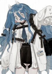 Rule 34 | 1girl, blue hair, blue tongue, bow hairband, colored tongue, eyes visible through hair, fangs, frills, frost fog, hair between eyes, hairband, highres, horns, id card, jacket, long hair, looking at viewer, necktie, original, oversized clothes, simple background, small horns, tongue, white background, white eyes, white horns