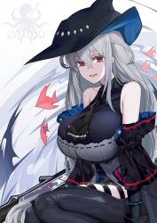 Rule 34 | 1girl, arknights, armpit crease, bare shoulders, black dress, black hat, breasts, commentary request, dress, elite ii (arknights), fish, hair between eyes, hat, highres, large breasts, logo, long hair, looking at viewer, necktie, off shoulder, open mouth, pants, red eyes, sidelocks, silver hair, skadi (arknights), skadi (elite ii) (arknights), skindentation, smile, solo, sword, two-sided fabric, two-sided headwear, very long hair, weapon, white background, witch hat, xiujia yihuizi