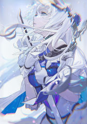 Rule 34 | 1girl, arknights, bibeak (arknights), blue dress, blue flower, blue rose, bow, breasts, capelet, choker, dress, feather hair, flower, from side, gloves, grey eyes, hair bow, hair flower, hair ornament, highres, holding, holding sword, holding weapon, infection monitor (arknights), long hair, looking up, medium breasts, puffy short sleeves, puffy sleeves, rose, short sleeves, sidelocks, silver hair, solo, sword, ttk (kirinottk), upper body, weapon, white bow, white capelet, white gloves