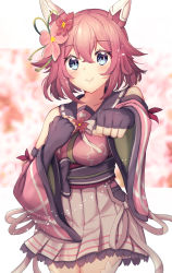 Rule 34 | 1girl, animal ears, blurry, blurry background, breasts, clenched hands, collarbone, commentary request, detached sleeves, flower, hair between eyes, hair flaps, hair flower, hair ornament, highres, horse ears, horse girl, horse tail, kogetsu azami, looking at viewer, medium breasts, medium hair, sakura chiyono o (umamusume), smile, solo, tail, thighhighs, umamusume