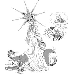 Rule 34 | 3boys, ?, animal, animal ears, closed mouth, crown, dark souls (series), dark souls i, dark souls iii, dark sun gwyndolin, dragon slayer ornstein, dress, facing down, great grey wolf sif, helm, helmet, highres, long hair, long sleeves, looking at animal, looking at another, multiple boys, nameless king, notice lines, plume, snake, speech bubble, standing, sweat, tongue, tongue out, translation request, trap, yawning, zunkome