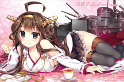Rule 34 | 10s, 1girl, ahoge, bare shoulders, blush, boots, breasts, brown hair, cleavage, cup, detached sleeves, double bun, fujima takuya, hair ornament, hairband, headgear, japanese clothes, kantai collection, kongou (kancolle), large breasts, long hair, looking at viewer, nontraditional miko, personification, pleated skirt, ribbon-trimmed sleeves, ribbon trim, skirt, smile, solo, tea, teacup, thigh boots, thighhighs, zettai ryouiki