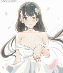 Rule 34 | 1girl, black hair, blush, breasts, cleavage, collarbone, crying, crying with eyes open, dress, girls&#039; frontline, heterochromia, highres, jewelry, large breasts, long hair, phago, red eyes, ring, ro635 (girls&#039; frontline), smile, solo, tears, very long hair, wedding band, wedding dress, white background, yellow eyes