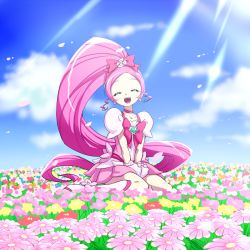 Rule 34 | 1girl, :d, ^ ^, blue sky, boots, brooch, choker, closed eyes, cloud, collarbone, cure blossom, day, closed eyes, field, flower, flower field, hanasaki tsubomi, heart, heart brooch, heartcatch precure!, highres, long hair, magical girl, matatabi (karukan222), open mouth, outdoors, pink choker, pink hair, ponytail, precure, sitting, sky, smile, solo, sunlight, very long hair, white footwear