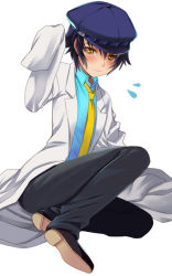 Rule 34 | 1girl, blue hair, blush, cabbie hat, crying, crying with eyes open, dark persona, hat, lab coat, necktie, oversized clothes, pants, persona, persona 4, seiru (prairie), shadow (persona), shadow naoto, shirogane naoto, shirt, shoes, short hair, simple background, sitting, sleeves past wrists, solo, tears, yellow eyes, yokozuwari