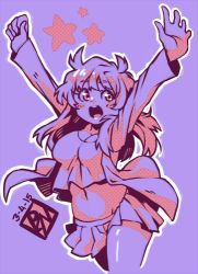 Rule 34 | 1girl, arms up, babydoll t-shirt, blue theme, blush stickers, breasts, cleavage, cowboy shot, dated, jacket, long hair, lowres, monochrome, navel, open mouth, original, outline, poch4n, purple background, purple theme, skirt, solo, star (symbol), teeth, upper teeth only