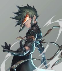 Rule 34 | 1boy, bad id, bad pixiv id, black coat, black gloves, closed mouth, coat, cowboy shot, gloves, green hair, grey background, highres, katsutake, male focus, mask, outstretched hand, simple background, solo, spiked hair, sync (tales), tales of (series), tales of the abyss