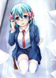 Rule 34 | 10s, 1girl, adjusting eyewear, aqua eyes, aqua hair, arm support, blush, bow, breasts, divine gate, from above, full body, glasses, hair bow, highres, jacket, loafers, long sleeves, looking at viewer, medium breasts, nanaume (shichimi tougarashi), necktie, open mouth, paper, pleated skirt, red necktie, school uniform, shoes, short hair, skirt, solo, squatting, thighhighs, vivian (divine gate), white thighhighs, zettai ryouiki