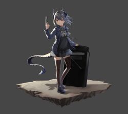 Rule 34 | 1girl, absurdres, arknights, black footwear, black shirt, blue jacket, brown eyes, brown thighhighs, closed mouth, commentary request, full body, grey background, grey hair, grey skirt, gun, handgun, highres, holding, holding gun, holding weapon, horns, jacket, killizard, liskarm (arknights), long sleeves, looking at viewer, open clothes, open jacket, pleated skirt, ponytail, riot shield, shield, shirt, shoes, simple background, skirt, solo, standing, tail, thighhighs, weapon