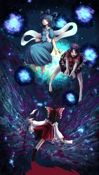 Rule 34 | absurdres, bad id, bad pixiv id, barefoot, between fingers, blue eyes, blue hair, bow, brown hair, detached sleeves, dress, flying, gradient background, hair bow, hair ornament, hair stick, hakurei reimu, hat, highres, holding, jiangshi, kaku seiga, mary janes, miyako yoshika, multiple girls, nail polish, ofuda, open mouth, outstretched arms, ponytail, shawl, shoes, short hair, sitting, skirt, socks, spell card, toluda, touhou