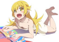 Rule 34 | 1girl, :d, bakemonogatari, bare shoulders, barefoot, blonde hair, blush stickers, breasts, collarbone, downblouse, dress, excited, fang, feet, feet up, flipped hair, full body, gesugesu ahoaho, hair flaps, looking at viewer, lying, magazine (object), monogatari (series), on stomach, open mouth, oshino shinobu, pointy ears, ringed eyes, sidelocks, simple background, small breasts, smile, solo, strap slip, sundress, the pose, white background, white dress, yellow eyes