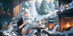 Rule 34 | 1girl, animal, animal ear fluff, animal ears, arknights, aseity, belt, blue eyes, book, book stack, boots, braid, bright pupils, candle, creature and personification, cup, day, drink, fire, fireplace, full body, head chain, highres, holding, holding cup, indoors, jewelry, knees up, long hair, looking outside, parted lips, plant, potted plant, pramanix (arknights), side braids, sitting, skirt, smile, snow, snow leopard, snow leopard ears, snow leopard girl, snow leopard tail, spotted tail, steam, sweater, table, tail, teacup, teapot, thighhighs, twin braids, very long hair, white hair, white pupils, wide sleeves, zettai ryouiki