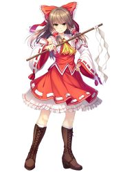 Rule 34 | &gt;:), 1girl, ascot, blush, boots, bow, brown footwear, brown hair, closed mouth, cross-laced footwear, detached sleeves, embellished costume, frilled shirt collar, frilled sleeves, frills, full body, gohei, hair bow, hair tubes, hakurei reimu, hand on own hip, highres, japanese clothes, knee boots, kneehighs, lace-up boots, long hair, long sleeves, looking at viewer, miko, noe noel, petticoat, red bow, red shirt, red skirt, shirt, sidelocks, skirt, skirt set, sleeveless, sleeveless shirt, socks, solo, standing, touhou, v-shaped eyebrows, white background, wide sleeves, yellow eyes