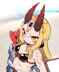 Rule 34 | 1girl, bare shoulders, bikini, black bikini, blonde hair, breasts, cleavage, facial mark, fang, fang out, fate/grand order, fate (series), fingernails, forehead mark, from above, highres, horns, ibaraki douji (fate), ibaraki douji (fate/grand order), ibaraki douji (swimsuit lancer) (fate), ibaraki douji (swimsuit lancer) (first ascension) (fate), long hair, looking at viewer, looking up, medium breasts, navel, oni, oni horns, pointy ears, sharp fingernails, ssambatea, swimsuit, tattoo, yellow eyes