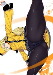 Rule 34 | 1girl, ashiomi masato, ass, blonde hair, blue eyes, breasts, commentary request, dutch angle, fingerless gloves, gloves, guilty gear, gusset, hat, kicking, long hair, long sleeves, medium breasts, millia rage, panties, panties under pantyhose, pantyhose, shiny clothes, signature, simple background, solo, split, underwear, white background, white gloves