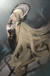 Rule 34 | 1girl, absurdres, arknights, black bow, black dress, blonde hair, blunt bangs, bow, bowtie, closed mouth, commentary request, dress, feathers, from side, grey eyes, hands up, hat, highres, horns, long hair, long sleeves, looking at viewer, looking to the side, messy hair, mm30212, nightingale (an elegy) (arknights), nightingale (arknights), official alternate costume, revision, sidelocks, sideways glance, solo, very long hair, water