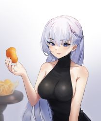 Rule 34 | 1girl, absurdres, azur lane, bare shoulders, belfast (azur lane), black dress, blue eyes, braid, breasts, doughnut, dress, earrings, food, french braid, highres, jewelry, long hair, looking at viewer, lordol, makeup, medium breasts, silver hair, solo, tongue, tongue out, white background