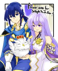 Rule 34 | 1boy, 1girl, animal, bare shoulders, bird, blue cape, blue eyes, breasts, brother and sister, cape, circlet, crown, dress, english text, feh (fire emblem heroes), fire emblem, fire emblem: genealogy of the holy war, fire emblem heroes, headband, holding, holding animal, jewelry, julia (fire emblem), long hair, medium breasts, nintendo, open mouth, owl, purple cape, purple eyes, purple hair, seliph (fire emblem), siblings, smile, white headband, wide sleeves, yukia (firstaid0)