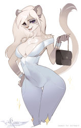 Rule 34 | 1girl, absurdres, animal ear fluff, artist logo, artist name, bag, blue eyes, bracelet, breasts, cleavage, commentary, covered navel, cropped legs, english commentary, eyeshadow, forehead, furry, furry female, hand on own hip, hand up, handbag, highres, jewelry, kardie, looking at viewer, lower teeth only, makeup, medium breasts, off shoulder, open mouth, original, parted bangs, purple eyes, purple eyeshadow, sharp teeth, simple background, solo, sparkle, tail, tail raised, teeth, thigh gap, thighs, upper teeth only, white background, white hair, wide hips