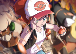 Rule 34 | 1girl, absurdres, baseball cap, black vest, black wristband, blue eyes, blurry, brown hair, clenched teeth, commentary request, creatures (company), depth of field, emboar, furrowed brow, game freak, gen 5 pokemon, hand on headwear, hat, highres, hilda (pokemon), holding, holding poke ball, keeno-ringo46, long hair, nintendo, poke ball, poke ball (basic), pokemon, pokemon (creature), pokemon bw, shirt, shorts, sidelocks, teeth, vest, whimsicott, white headwear, white shirt