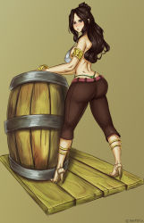 Rule 34 | 1girl, armlet, ass, barrel, blush, bracelet, breasts, brown hair, cana alberona, dimples of venus, enenra, fairy tail, high heels, highres, jewelry, large breasts, long hair, solo, standing, thong, underwear, whale tail (clothing)