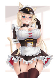 Rule 34 | 1girl, absurdres, alternate costume, animal ear fluff, animal ears, apron, arm behind back, azur lane, bismarck (azur lane), black dress, black gloves, black thighhighs, blonde hair, blue eyes, blurry, blurry background, blush, breasts, cat ears, cat tail, cleavage, closed mouth, collared dress, cowboy shot, cross, dress, enmaided, frilled apron, frilled dress, frills, garter straps, gloves, hair between eyes, highres, iron cross, kemonomimi mode, large breasts, long hair, looking at viewer, maid, maid apron, maid headdress, playing with own hair, short sleeves, sidelocks, skindentation, solo, standing, tail, thighhighs, visor cap, white apron, whitter