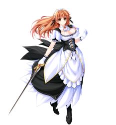 Rule 34 | 1girl, amasaka takashi, boots, breasts, cleavage, dress, full body, gloves, headdress, highres, holding, holding sword, holding weapon, large breasts, long hair, looking at viewer, mariel esterido, official art, orange eyes, orange hair, smile, solo, sword, transparent background, underbust, unionism quartet, weapon, white gloves