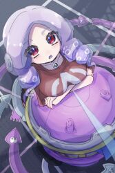 1girl arms_under_breasts breasts choker crossed_arms curly_hair large_breasts looking_at_viewer nintendo octoling octoling_girl octoling_player_character open_mouth purple_hair rabimero rabimero8 red_eyes red_shirt shirt solo solo_focus splatoon_(series) splatoon_3 tentacle_hair tentacles wave_breaker_(splatoon)